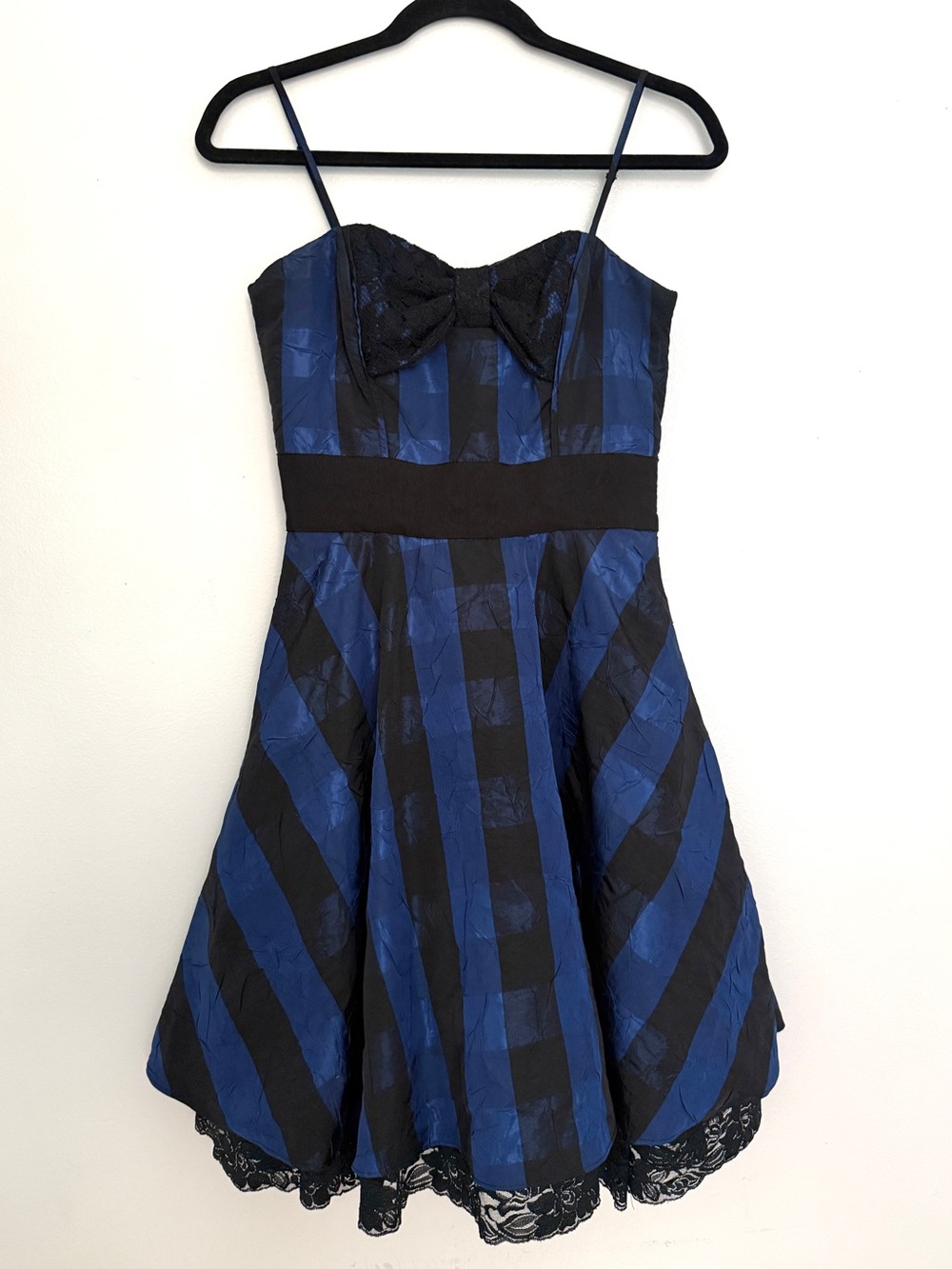 Betsey Johnson Blue Black Plaid Lace Bow Fit Flare Dress Y2K Coquette Striped